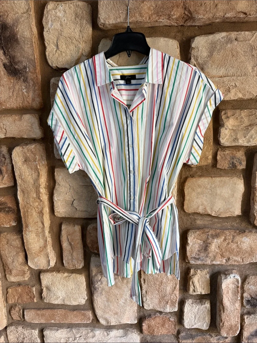 J Crew Button-front tie-waist top in rainbow mini stripe cotton poplin size L